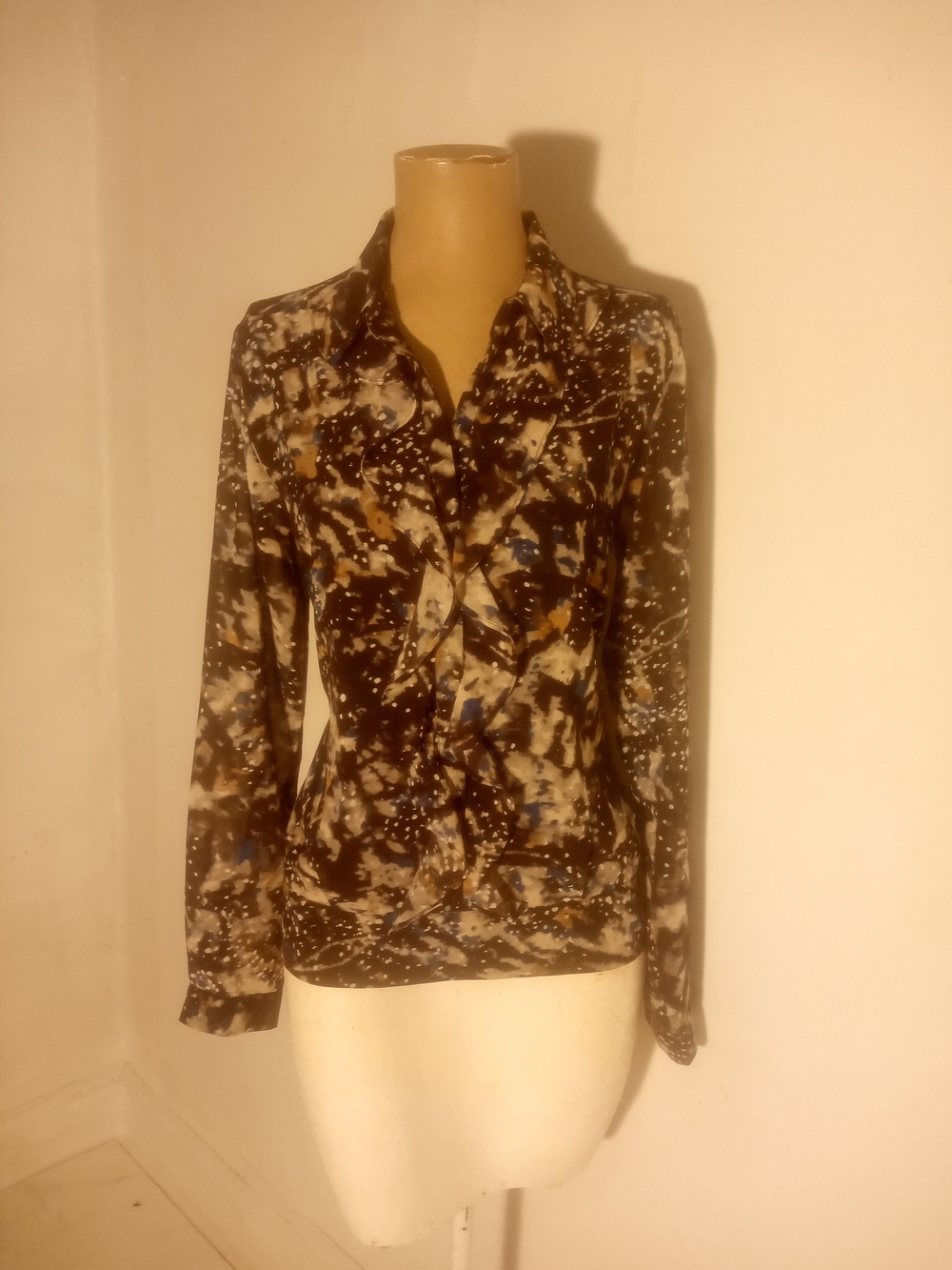 CAbi Brown Abstract Print Button-Down Shirt with Blue & Cream Accents